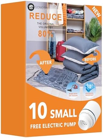 10 Small Vacuum Storage Bags with Electric Pump,Plastic Packaging Bags, Space Saver Bag for Clothes, Mattress, Blanket, Duvets, Pillows, Comforters, Travel