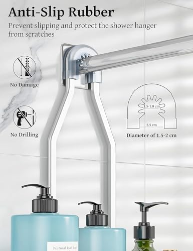 YASONIC Shower Caddy Hanging - Never Rust Shower Organizer - Aluminum Over The Head Caddy with 10 Hooks for Razor/Sponge - Rack with Soap Basket - Silver
