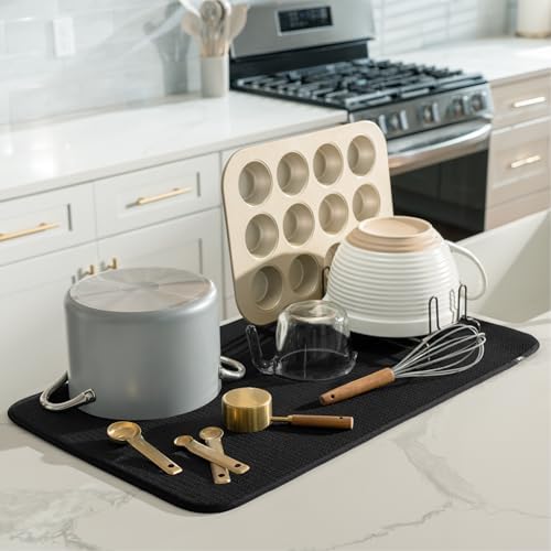 S&T INC. Dish Drying Mat Jumbo, 18” x 30”, Absorbent Microfiber Kitchen Counter Mat, Dish Drying Pad for Dishes, Utensils, Pots and Pans, Jumbo, Black