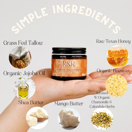 Handmade Honey & Tallow Balm- 100% Grass Fed Beef Tallow for Skin Care- 100% Natural Whipped Tallow Balm- Sensitive & Dry Skin, Eczema, Psoriasis- 2 FL. oz