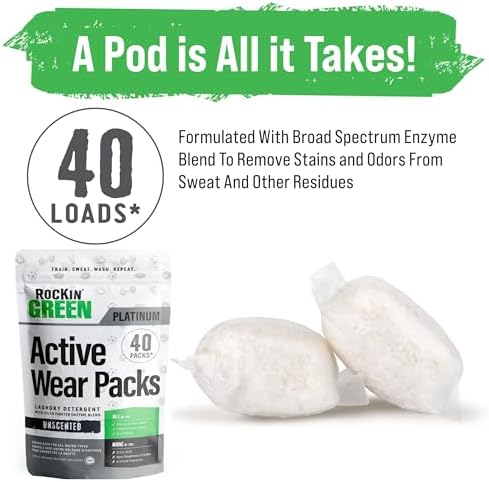 Rockin' Green Laundry Detergent Pods, Plant-based, All Natural, Vegan & Biodegradable Odor Fighter, Safe for Sensitive Skin (Unscented, Active Wear 40 Pods)