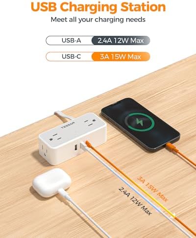 Flat Plug Extension Cord 5 FT, TESSAN Surge Protector Power Strip with 4 AC Outlets 1 USB C and 2 USB A Ports, 900 Joules Protection, Multiple Wall Outlet Extender Suitable for Home Office Dorm