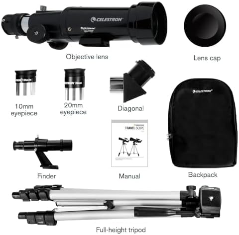 Celestron Travel Scope 70 Portable Refractor Telescope – 70mm Aperture, Fully-Coated Glass Optics – Includes Tripod, Backpack & Software – Ideal for Beginners & Travel