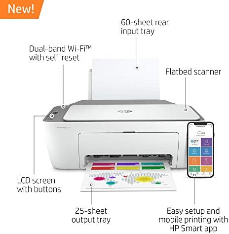 HP DeskJet 2755 All-in-One Wireless Printer Scanner Copier Instant Ink Ready Mobile Print Black 7.5ppm Color 5.5ppm Wifi Inkjet Computer Printers for Home Use and Office, Grey (Renewed)