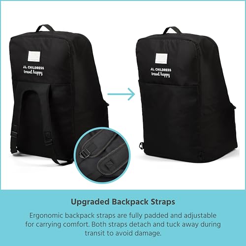 J.L. Childress Padded Backpack Car Seat Bag - Travel Bag for Airplane, Fits Most Baby & Infant Car Seats, Boosters, & Carriers, Accessories for Gate or Baggage Check, AirTag Compatible - Deluxe, Black