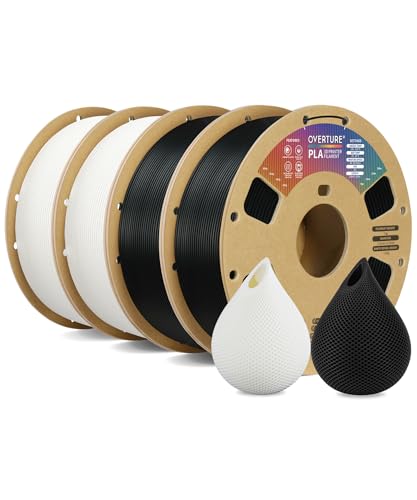 OVERTURE 4KG Bundle PLA Filament 1.75mm, Neatly Wound 3D Printer Filament 4 Pack 1kg Spool (2.2lbs), Dimensional Accuracy +/- 0.02 mm, Fit Most FDM 3D Printers (Black*2 & White*2)