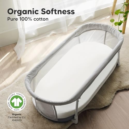 2-Pack Organic Bassinet Sheets for Girls, Boys - 100% Cotton Bassinet Mattress Sheets Compatible with Halo Bassinest Swivel Sleeper,Graco,Baby Delight,Chicco,Unisex Fitted Bassinet Sheets(Soft White)