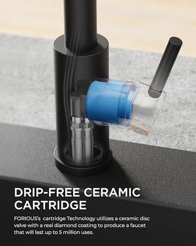 FORIOUS Black Kitchen Faucet with Soap Dispenser and Pull Down Sprayer, Bar High Arc Single Handle Classic 3 Modes Stainless Steel Faucet for Kitchen Sink Farmhouse RV Laundry Camper