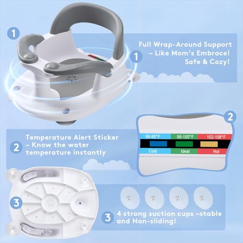 Baby Bath Seat for Babies 6 Months & Up Sitting Up with Temperature Alert+Soft Cushion+Suction Cup,Infant Bath Seat for Baby Bath Chair Toddler Bath seat for Bathtub Tub Shower Grey