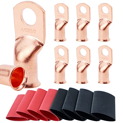 TKDMR 8pcs 4/0 AWG-1/2 Battery Lugs,Heavy Duty Wire Lugs,Ring Terminals,Battery Cable Ends,0 Guage terminals,Battery Terminal Connectors with 8pcs 3:1 Heat Shrink Tubing