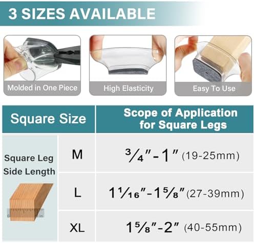 24 Pcs Chair Leg Floor Protectors Square Large, Silicone Felt Furniture Leg Pads Caps Covers for Hardwood Floors (Fit:1-5/8" to 2")