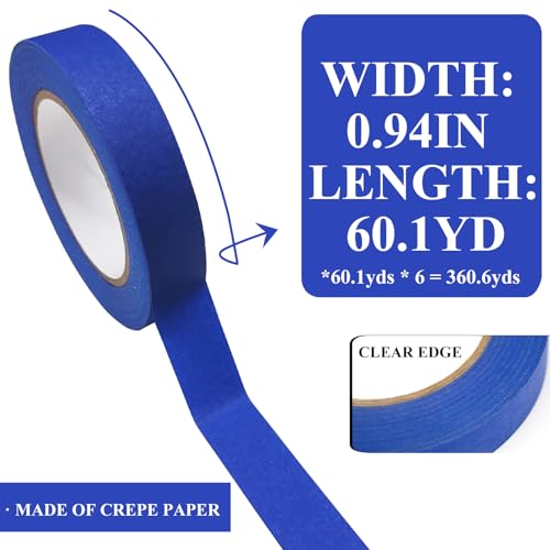 Masking Tape, Blue Tapes, Painters Tape, Artist Painter's Painting Paper Tape for Multi-Purpose Wall Paint, DIY Crafts, Scrapbook, Decoration, Labeling, Edge Finishing, 0.94INx60.1YDSx6 Rolls=360.6YDS