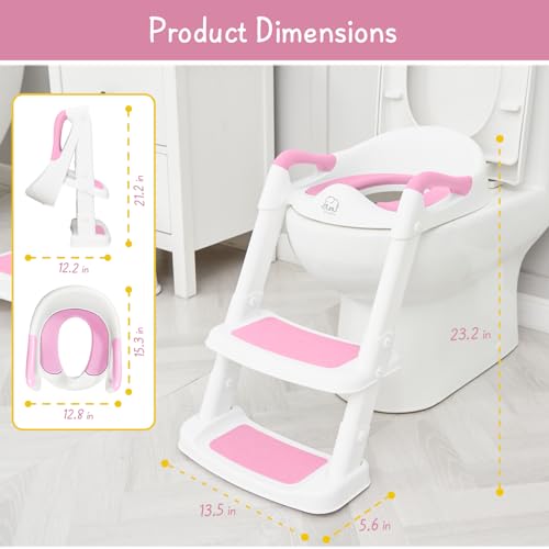 Forbena Potty Training Toilet Seat with Step Stool Ladder, Toddler Kids Potty Seat for Girls, Non Slip Foldable Toilet Training Seat with Soft Cushion, Comfortable Handles (White-Pink)