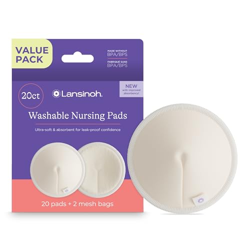 Lansinoh Washable Nursing Pads, Made with Organic Bamboo Viscose, Reusable Breast Pads for Breastfeeding with Wash Bag, Breastfeeding Essentials, 10 Count (Pack of 2)