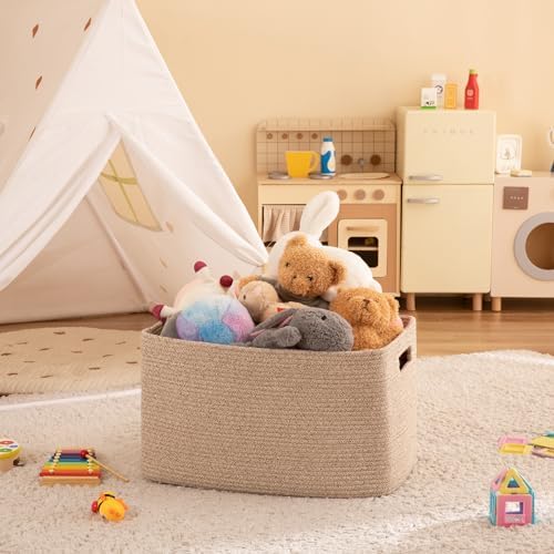 OIAHOMY 75L Large Blanket Basket, Woven Blanket Storage Basket with Handle, Cotton Rope Basket for Organizing 22”x17”x12”, Blanket Basket living Room, Toy Basket for Nursery, Brown variegated