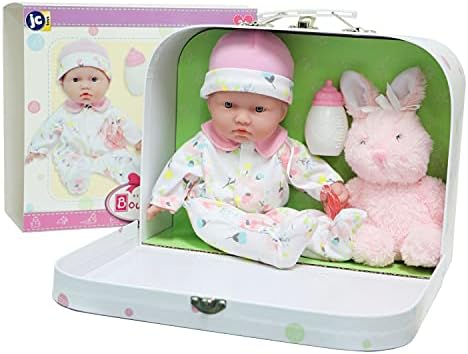 JC Toys - La Baby Travel Case Gift Set| Caucasian 11-inch Small Soft Body Baby Doll | Washable | Cute Outfit, Bottle, Pacifier & Plush Bunny | for Children 12 Months +, Pink