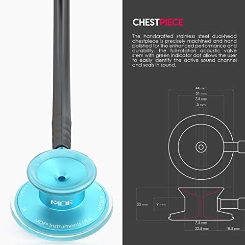 MDF Instruments, Acoustica Lightweight Stethoscope for Doctors, Nurses, Students, Home Health Use, Adult, Dual Head, Black Tube, Aqua Chestpiece-Headset, MDF747XPAQ11