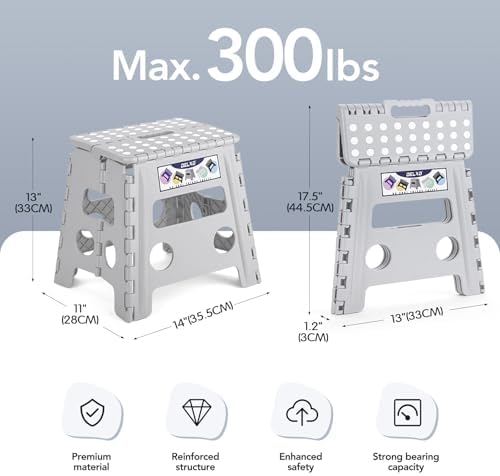 Delxo Folding Step Stool, 13 inch Non-Slip Foldable Stools Up to 300 LBS, Step Stool with Handle, Lightweight for Kitchen, Bathroom, Bedroom, Garden, Grey, 1PC