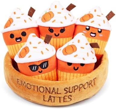Emotional Support Lattes by Relatable, Fall Plushies Stuffed Animal Toy, Perfect Small Gift for Coffee Lovers, Gift Baskets, and Loved Ones of All Ages, Includes 5 Fall Plushies with Carrying Basket