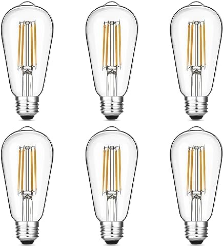 Vintage LED Edison Bulbs 6W, Equivalent 60W Incandescent, Warm White 2700K, ST58 Antique LED Filament Bulbs with 90+ CRI, E26 Medium Base,Dimmable, Clear Glass, Pack of 6