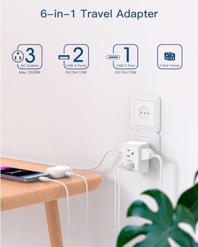 2 Pack Italy Travel Plug Adapter, Type L Italy Power Adapter with 3 American Outlets 3 USB Ports(1USB C), 6 in 1 Travel Outlet Adaptor, 3 Prong Grounded Plug for USA to Italy Chile Uruguay Italian