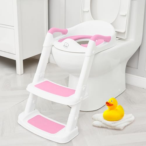 Forbena Potty Training Toilet Seat with Step Stool Ladder, Toddler Kids Potty Seat for Girls, Non Slip Foldable Toilet Training Seat with Soft Cushion, Comfortable Handles (White-Pink)