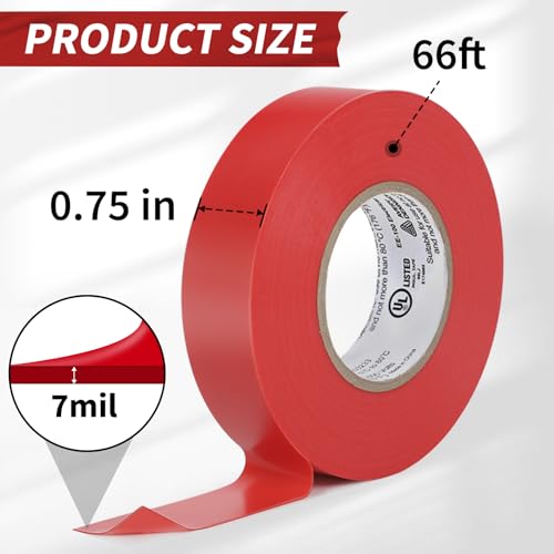 Electrical Tape, 10 Rolls General Use PVC Electric Tape, UL/CSA Listed ¾ in x 66 ft Insulating Vinyl Tape for Electrical, Repairs, Automotive and Equipment, EE-100, Red