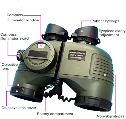 Hooway 7x50 HD Waterproof Military Marine Binoculars w/Internal Rangefinder & Compass for,Bird Watching,Boating and More(Army Green) …
