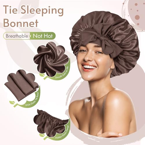 BONNET QUEEN 2Pcs Pack Silk Bonnet for Sleeping Satin Bonnet Hair Bonnet with Tie Band Sleep Bonnet Men Bonnet for Women Curly Hair Brown Champagne