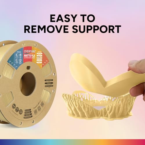 OVERTURE Matte PLA 3D Printer Filament 1.75mm, Matt Surface & Low Warping Filament 1kg Spool (2.2 lbs), Accuracy +/- 0.02 mm, Fit Most FDM Printers (Matte Butter Yellow)