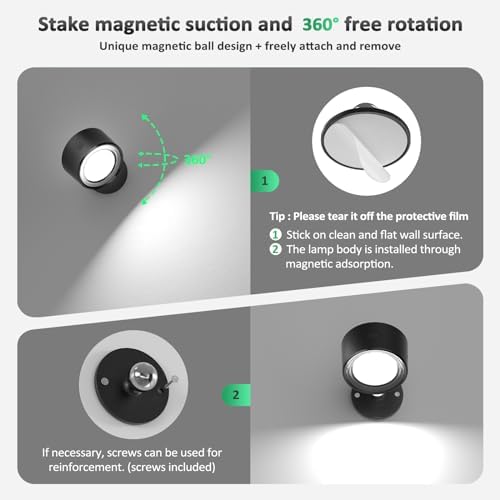 Lightbiz LED Wall Mounted Lights 2 Pcs with Remote, Wall Sconces Lamp 3000mAh Rechargeable Battery Operated, 3 Color Temperatures & Dimmable Magnetic 360° Rotation Cordless Light for Bedroom Bedside