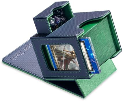 Card Deck Box for MTG Commander - Patented Design, Commander Display, Fits 100 Double-Sleeved Cards, 35pt Card Brick & Dice Tray - Blue/Green