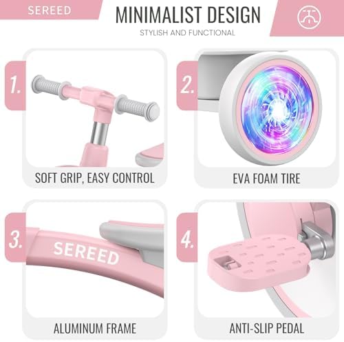 SEREED Colorful Lighting Toddler Tricycle for 2-5 Years Old Girls, Adjustable Seat&Handlebar Trike, Removable Basket, Birthday Gift Idea for Kids Ages 2+ (Pink)