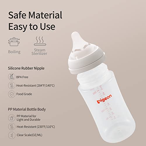 Pigeon PP Nursing Bottle Wide Neck, Anti-Colic, Streamlined Body, Natural Feel, Easy to Clean, 8.1 Oz(Pack of 4), Includes 4pcs M Nipples (3m+)