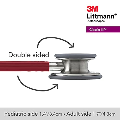 3M Littmann Classic III Monitoring Stethoscope, 5627, More Than 2X as Loud, Weighs Less, Stainless Steel Chestpiece, 27" Burgundy Tube