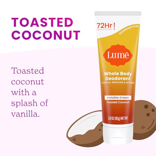 Lume Whole Body Deodorant - Invisible Cream Tube - 72 Hour Odor Control - Doctor Developed - Aluminum Free, Baking Soda Free and Skin Loving - 3.0 Ounce, Pack of 2 (Soft Powder & Toasted Coconut)
