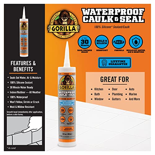 Gorilla Waterproof Caulk & Seal Silicone Sealant, 10Oz Cartridge (Pack of 2) - Clear Caulking Sealant for Kitchen, Window, Bath, Marine, Door and More