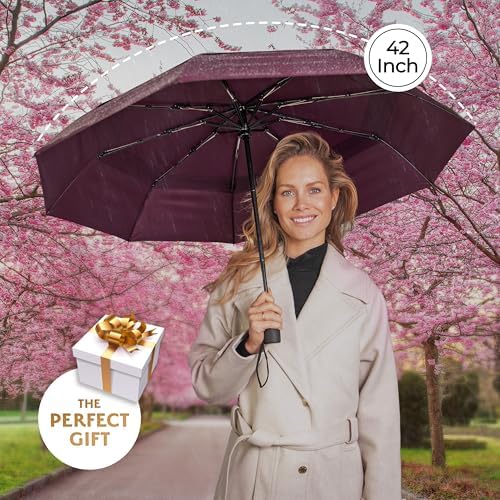 TUMELLA Strongest Windproof Travel Umbrella (Compact, Superior & Beautiful), Small Strong but Light Portable and Automatic Folding Rain Umbrella, Durable Premium Grip, Fits Car & Backpack