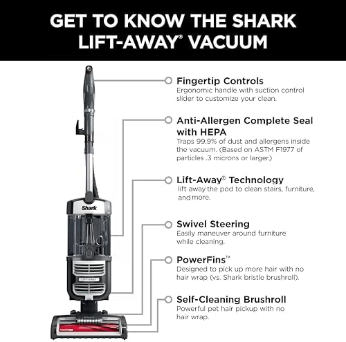 Shark UV730 Navigator Lift-Away Upright Vacuum, PowerFins HairPro Self-Cleaning Brushroll, HEPA Filter with Anti-Allergen Technology, LED Headlights, Swivel Steering, Gray (Renewed)