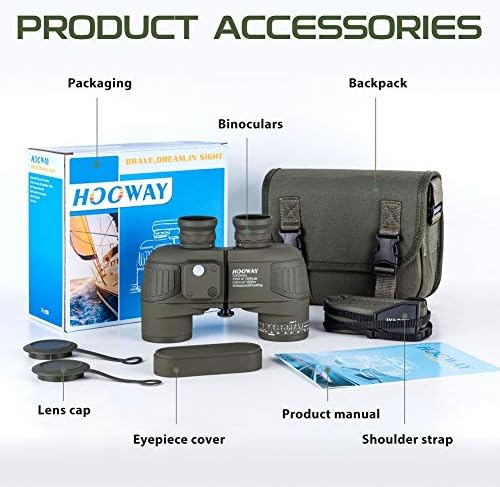 Hooway 7x50 Waterproof Floating Marine Binocular w/Internal Rangefinder & Compass for Navigation,Boating,Bird Watching and More(Army Green