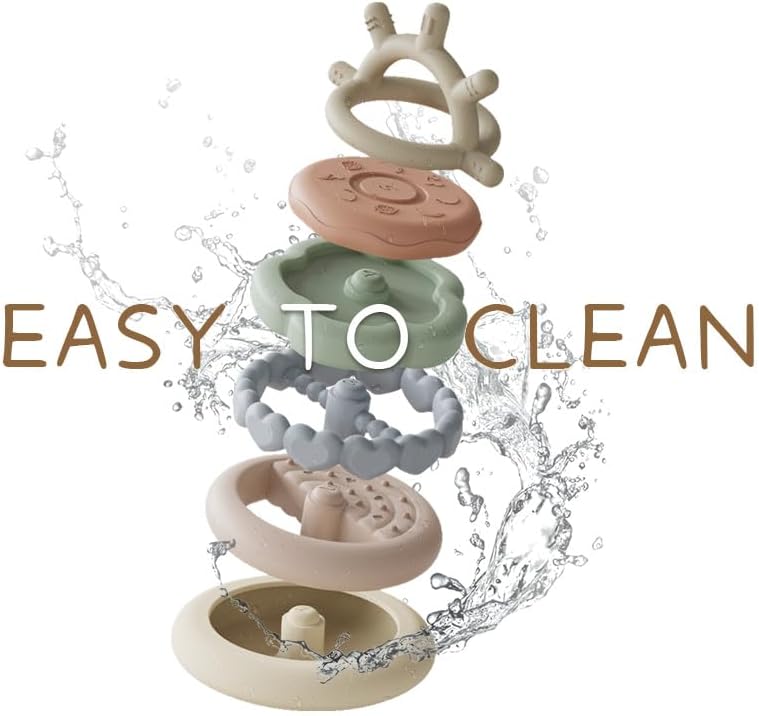 Moonkie Stacks of Circles Soft Teething Toy | Educational Learning Baby Toy | Stacking Ring Toys for Babies Boy and Girl | 7 Piece Teethers Set (Nature)