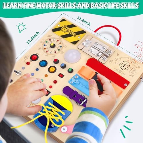 Busy Board,Montessori Toys for 1-3 Years Old, Wooden Toddler Toys, Autism Sensory Travel Toy, Ideal Gift for 1+ Year Old Boys (Busy Board Plus v3)