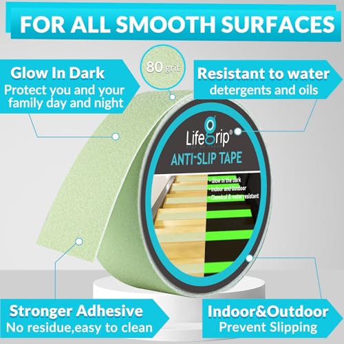 LifeGrip Anti Slip Traction Tape with Glow in Dark Green, 2 Inch x 38 Feet - Best Grip, Friction, Abrasive Adhesive for Stairs, Tread Step, Indoor and Outdoor, Luminous Green (2 inch X 38 feet)
