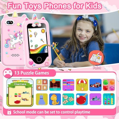 Kids Smart Phone for Girls Toys, Gifts for 3-10 Year Old Girl Boy Christmas Birthday Kids Toys, 2.8" Touchscreen Toddler Learning Cell Toy Phone with Dual Camera, Game, Music Player, 8GB Card Pink