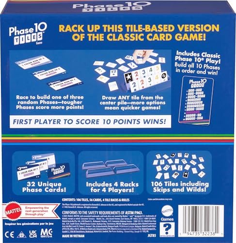 Mattel Games Phase 10 Tiles Game, Quick Family Rummy-Type Play with 32 Cards Featuring Unique Phases and Two Ways to Play, for 2-4 Players