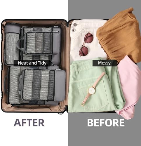 BAGAIL 4 Set/6 Set/8 Set Compression Packing Cubes Travel Accessories Expandable Packing Organizers (Half Mesh, 6-Dark Grey)
