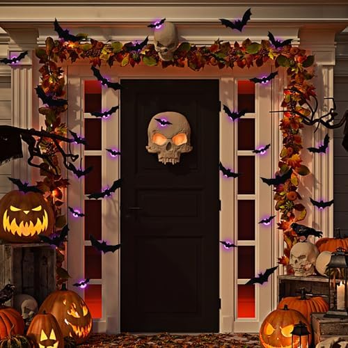 DR.DUDU 36 Pack Halloween Bats Wall Decor – Lighted 3D Bat Stickers Assorted Size for Halloween Party, Bedroom Window Decorations, Indoor and Outdoor Home Decals