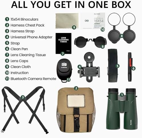 15x54 Binoculars for Adults High Powered with Harness, Phone Adapter and Bluetooth Camera Remote - Super Bright Waterproof Binoculars for Bird Watching Hiking Cruise Travel Stargazing