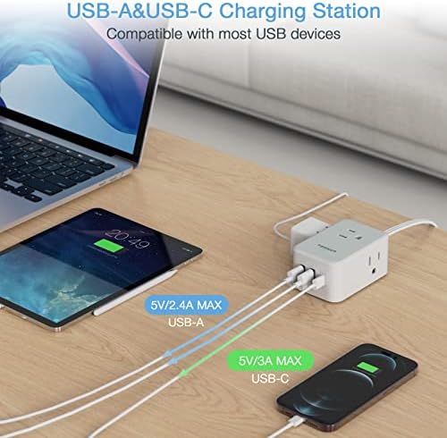 Small Flat Plug Power Strip, TESSAN Ultra Thin Extension Cord with 3 USB Wall Charger (1 USB C), 3 Outlets Mini Charging Station, 5 ft Slim Plug for Cruise Travel Office School Dorm Room Essentials