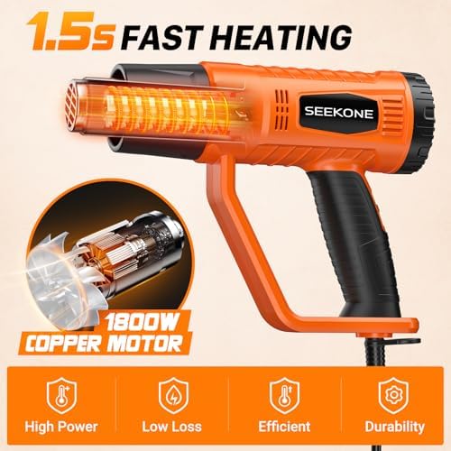 SEEKONE Heat Gun 1800W Heavy Duty Fast Heat Hot Air Gun Kit with 752℉&1112℉(400℃-600℃) Dual-Temperature Settings and 4 Nozzles with Overheat Protection for Crafts, Shrinking PVC, Stripping Paint